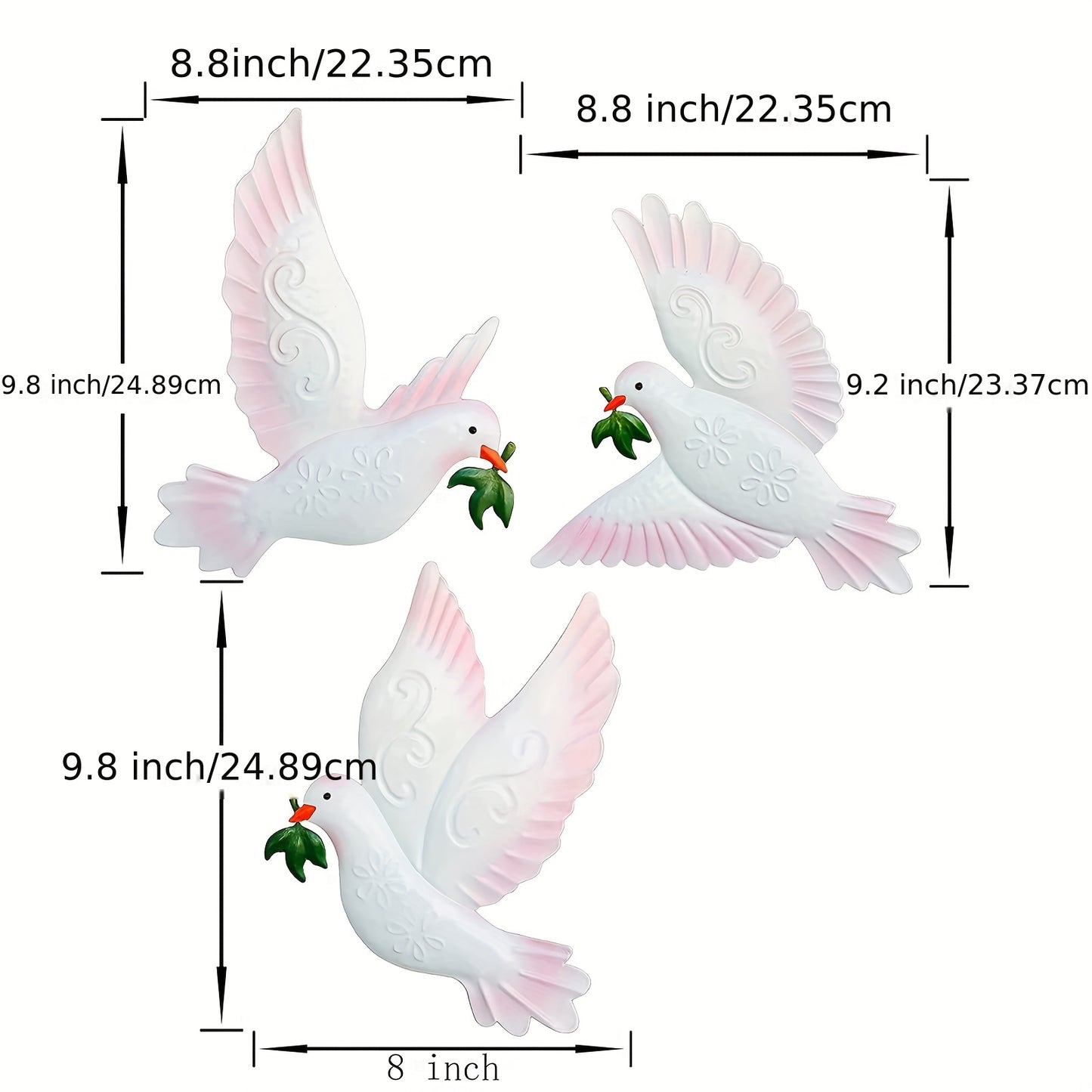 """3pcs Dove Wall Decor - 9.7"""" Metal Ornament for Indoor/Outdoor Home, Patio, Garden & Room Decoration"""