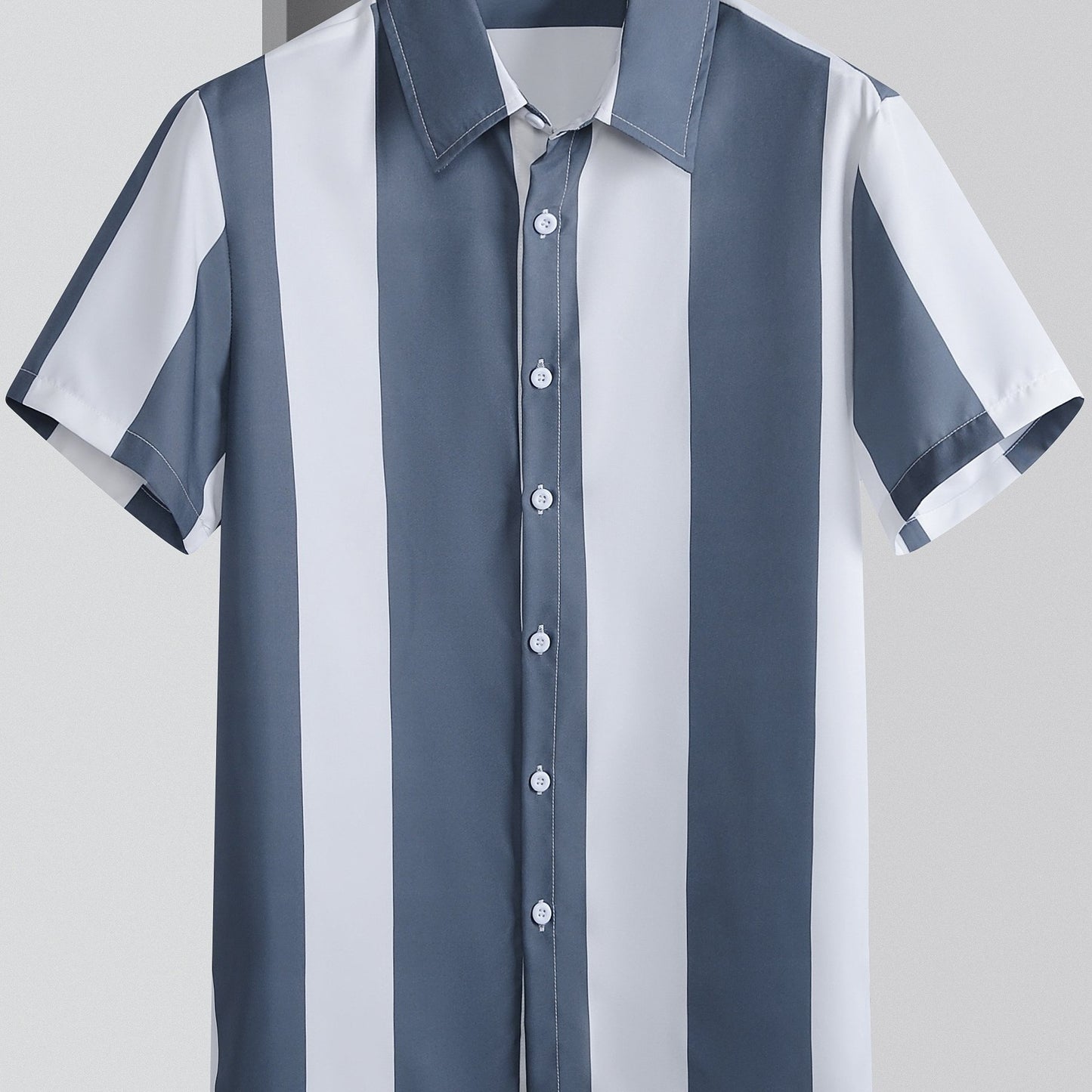 Mens Summer Short Sleeve Striped Shirting Shirt - Square Neck, Button Front, Regular Fit, Non-Stretch Polyester Fabric, Hand Wash or Dry Clean, Perfect for Weekend Casual Street Style