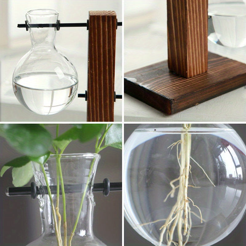 1/2/4pcs Hydroponic Glass Vase, Vintage Desktop Plant Terrarium Planter Bulb Vase, Water Planting Propagation Vase Planters Hydroponics Plants With Retro Wooden Stand Home Garden