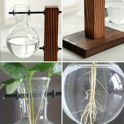 1/2/4pcs Hydroponic Glass Vase, Vintage Desktop Plant Terrarium Planter Bulb Vase, Water Planting Propagation Vase Planters Hydroponics Plants With Retro Wooden Stand Home Garden