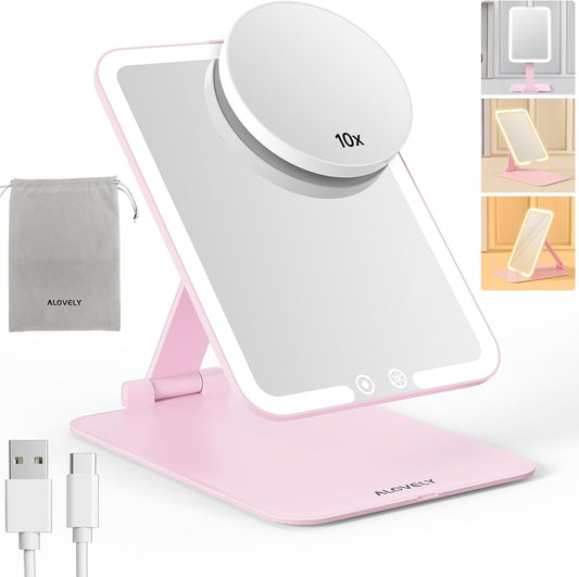 Travel Makeup Mirror with Lights, Rechargeable Compact Mirrors, Portable Lighted Beauty Mirror, 3 Colors Lighted Makeup Mirrors,Dimmable Touch Screen, Tabletop LED Folding Cosmetic Vanity Mirror