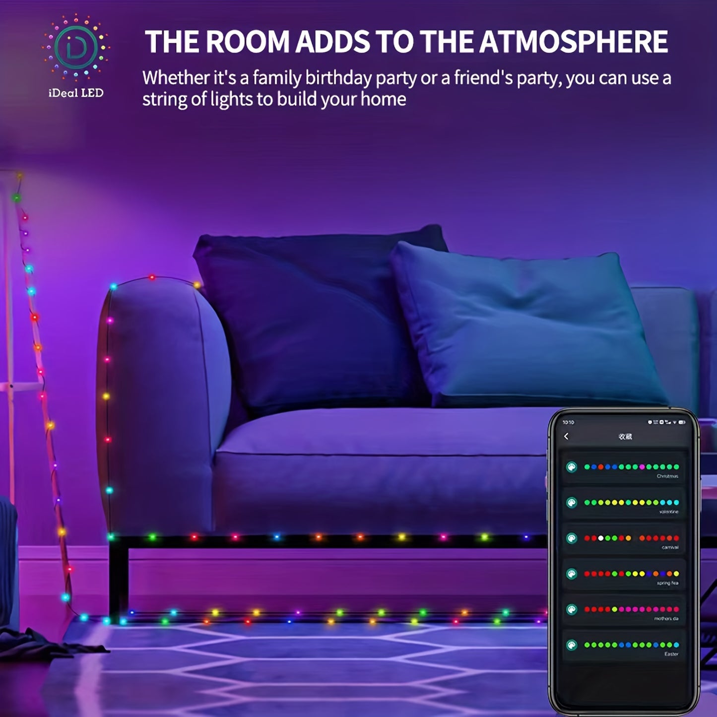 50ft Dream Colo Led Lights, RGB LED Strip Lights, Smart Led String Lights, Christmas Lights, Led Fairy Lights With APP Control Remote Control For Bedroom Room Party Home Tree  For Garden Decor Home Decor Living Room, Hallowee