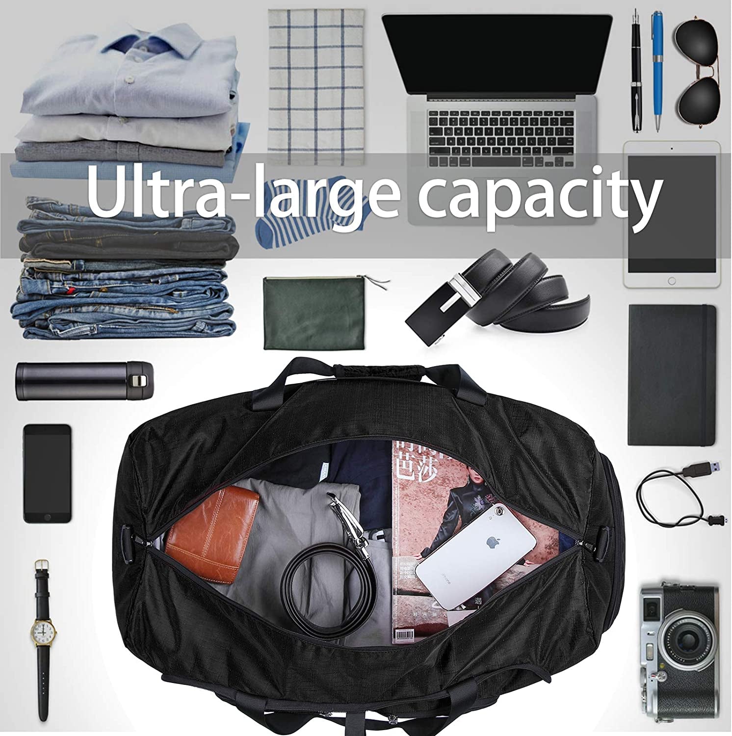 Duffel Bags for Traveling 80L Carry on Foldable Weekender Overnight Bag for Men Women Waterproof Weekend Travel Duffle Bags with Shoe Compartment,Black