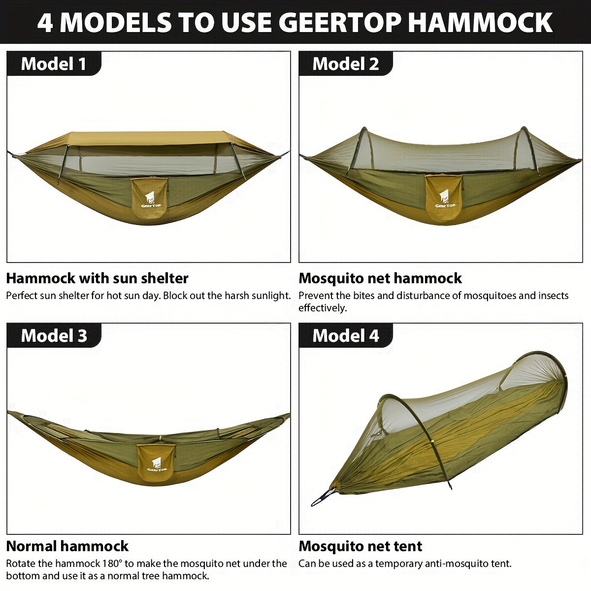 GeerTop 3-in-1 Camping Hammock with Mosquito Net & Sun Shelter - Durable, Easy Setup for Backpacking, Hiking, Beach & Garden