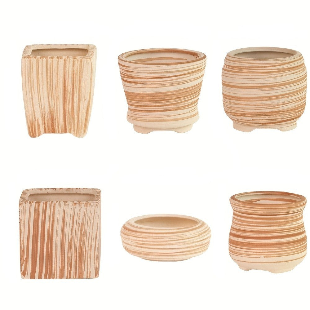 6pcs/set Decorative Ceramic Planter with Drain Hole - Perfect Gift Idea for Women - Mini Plant Pot for Succulents, Cactus, and Flowers - Wooden Pattern Design - Ideal for Home, Office, and Outdoor Garden - 6.5cm (Plants Not I