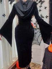 Women's Dresses Halloween Solid Drawstring Party Hooded Trumpet Sleeve Dresses