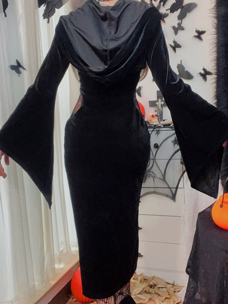 Women's Dresses Halloween Solid Drawstring Party Hooded Trumpet Sleeve Dresses