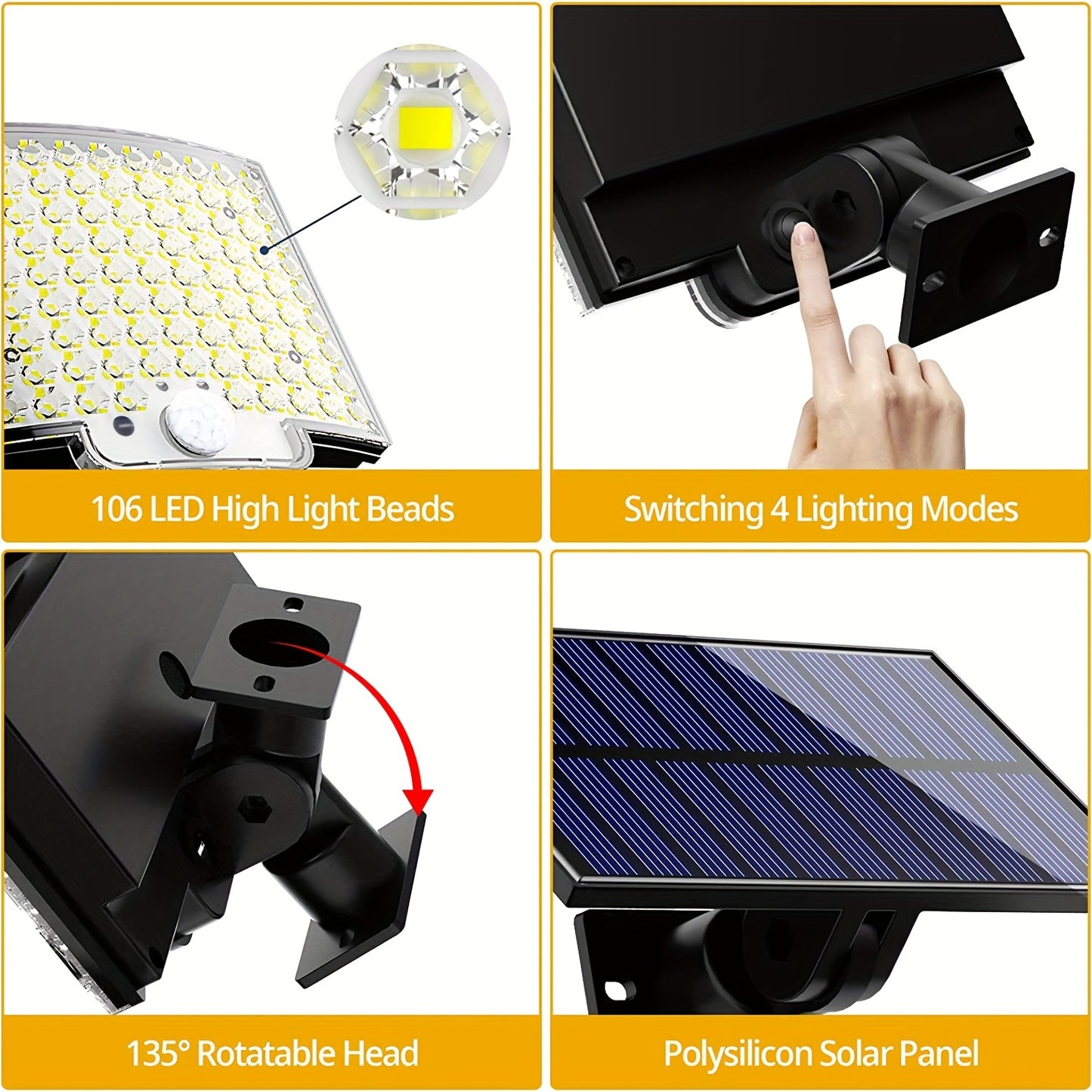 1pc Sunshine Outdoor 106LED Super Bright Motion Sensor Solar Power LED Garden Wall Light 4 Working Modes 5.5*4in