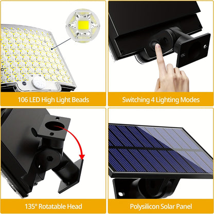 1pc Sunshine Outdoor 106LED Super Bright Motion Sensor Solar Power LED Garden Wall Light 4 Working Modes 5.5*4in
