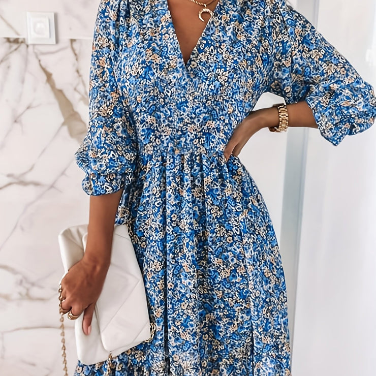 Women's Dresses Puff Sleeve Floral Print Ruched Waist V-Neck Boho Dresses