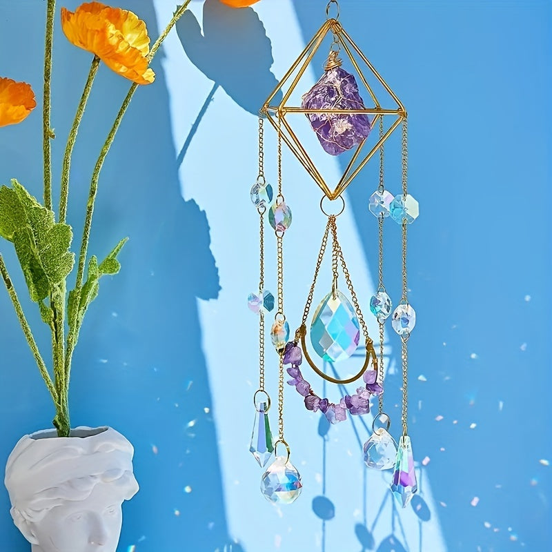 1pc Amethyst Crystal Suncatcher, Hanging Golden Plated Garden Sun Catcher For Windows, Healing Amethyst Crystal Decor For Home, Hanging Ornaments