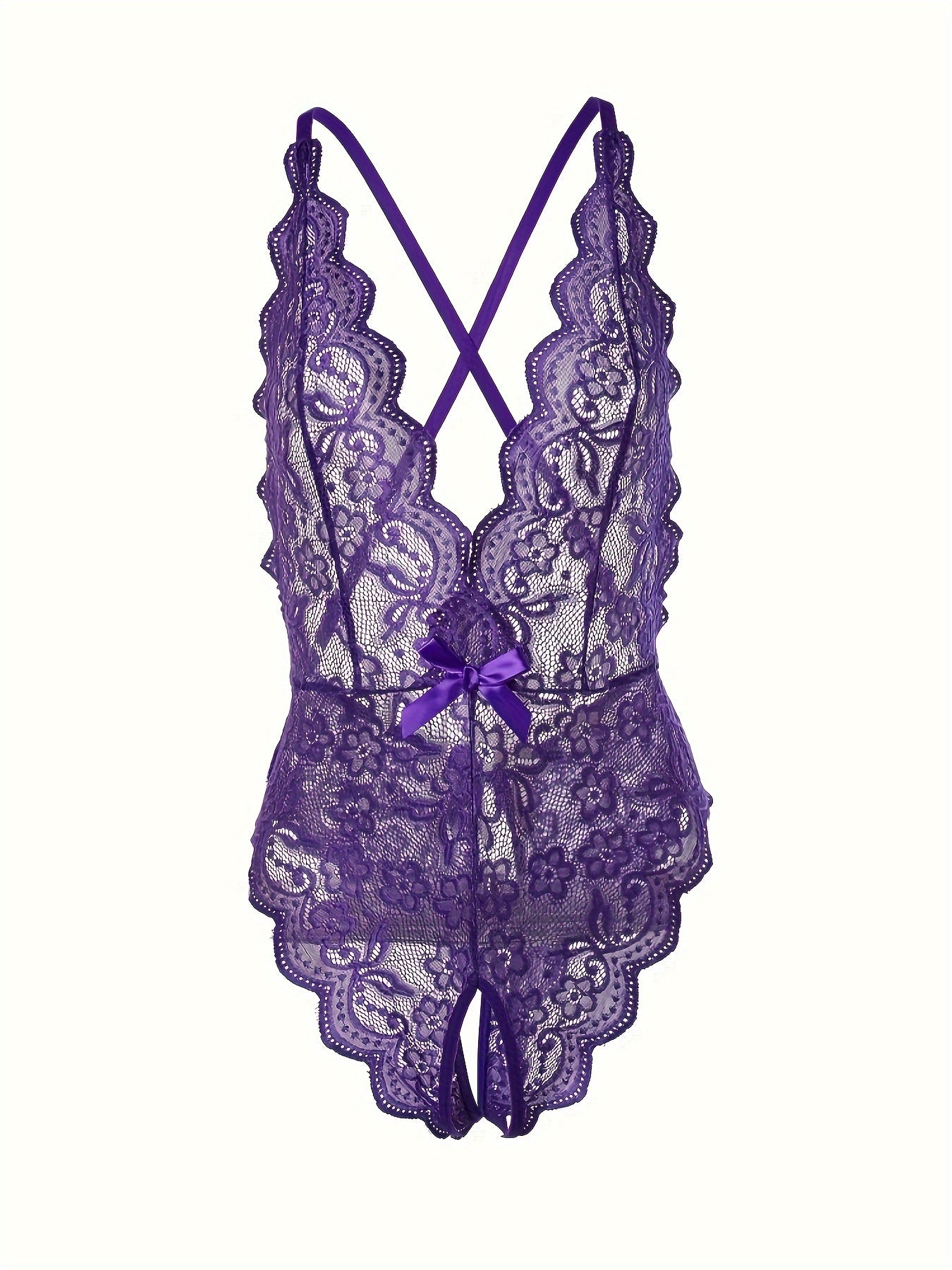 Semi-Sheer Lace Backless Teddy Bodysuit for Women - Seductive Sleepwear with Plunging Neckline, Open Crotch, and Knit Fabric - Perfect for a Romantic Night In