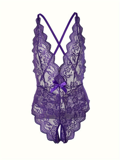 Semi-Sheer Lace Backless Teddy Bodysuit for Women - Seductive Sleepwear with Plunging Neckline, Open Crotch, and Knit Fabric - Perfect for a Romantic Night In