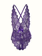 Semi-Sheer Lace Backless Teddy Bodysuit for Women - Seductive Sleepwear with Plunging Neckline, Open Crotch, and Knit Fabric - Perfect for a Romantic Night In