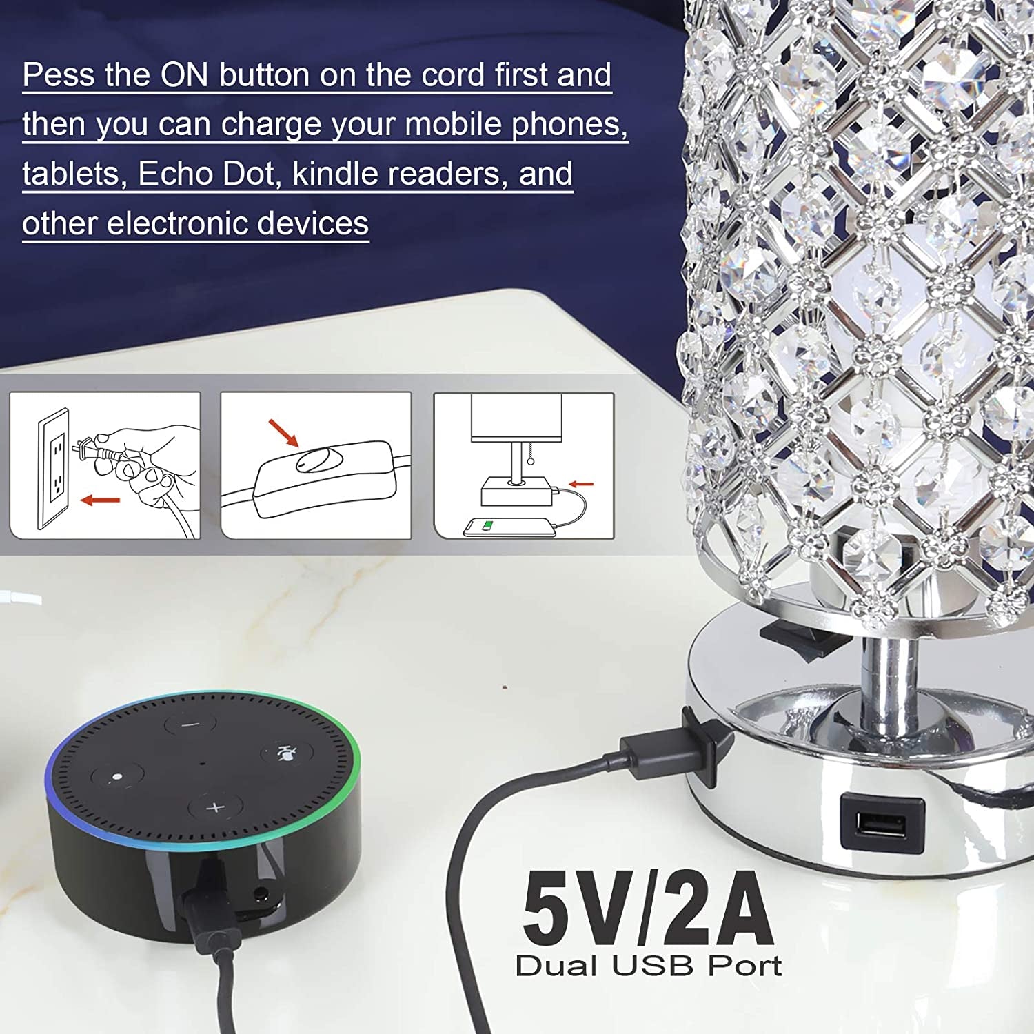 USB Crystal Table Lamps Bedside Lamps Set of 2, Modern Nightstand Lamps with Dual USB Charging Ports, Glam Bedroom Lamps Table Lamps for Bedroom, Living Room, Study Room and Office (Set of 2)