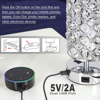 USB Crystal Table Lamps Bedside Lamps Set of 2, Modern Nightstand Lamps with Dual USB Charging Ports, Glam Bedroom Lamps Table Lamps for Bedroom, Living Room, Study Room and Office (Set of 2)