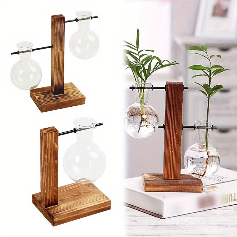 1/2/4pcs Hydroponic Glass Vase, Vintage Desktop Plant Terrarium Planter Bulb Vase, Water Planting Propagation Vase Planters Hydroponics Plants With Retro Wooden Stand Home Garden