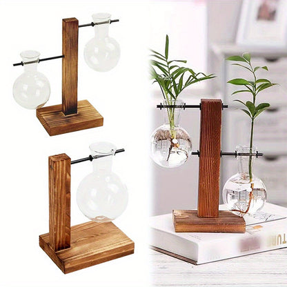 1/2/4pcs Hydroponic Glass Vase, Vintage Desktop Plant Terrarium Planter Bulb Vase, Water Planting Propagation Vase Planters Hydroponics Plants With Retro Wooden Stand Home Garden