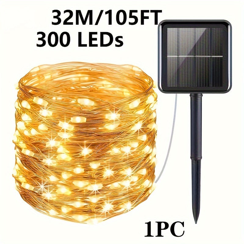 8-Mode Solar Powered Copper Wire Fairy Flower Wreath Lamp - Outdoor Garden Decorative Lighting for Christmas Wedding Party Tree Terraces - Durable Weather-Resistant Construction with Energy-Efficient LEDs