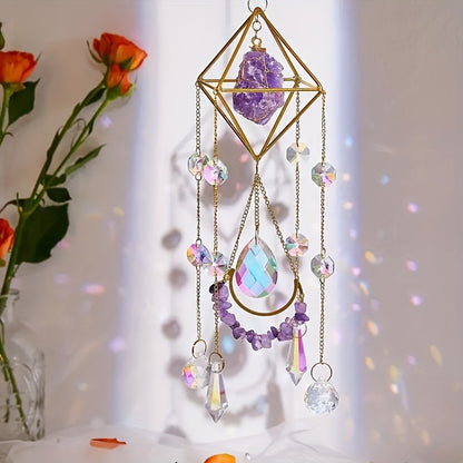 1pc Amethyst Crystal Suncatcher, Hanging Golden Plated Garden Sun Catcher For Windows, Healing Amethyst Crystal Decor For Home, Hanging Ornaments