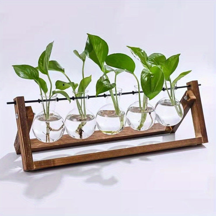 1pc, 5 Bulb Vase Plant Glass Container, With Wooden Frame, Indoor Living Hydroponic Plant Office Garden Planter