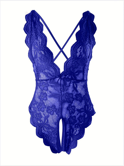 Semi-Sheer Lace Backless Teddy Bodysuit for Women - Seductive Sleepwear with Plunging Neckline, Open Crotch, and Knit Fabric - Perfect for a Romantic Night In