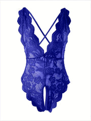 Semi-Sheer Lace Backless Teddy Bodysuit for Women - Seductive Sleepwear with Plunging Neckline, Open Crotch, and Knit Fabric - Perfect for a Romantic Night In