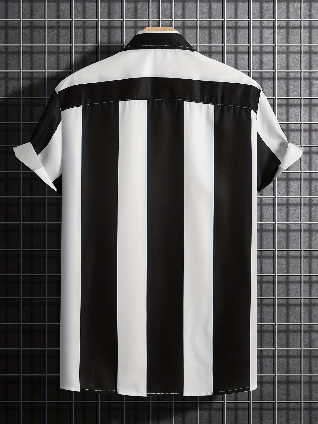 Mens Summer Short Sleeve Striped Shirting Shirt - Square Neck, Button Front, Regular Fit, Non-Stretch Polyester Fabric, Hand Wash or Dry Clean, Perfect for Weekend Casual Street Style