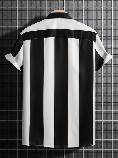 Mens Summer Short Sleeve Striped Shirting Shirt - Square Neck, Button Front, Regular Fit, Non-Stretch Polyester Fabric, Hand Wash or Dry Clean, Perfect for Weekend Casual Street Style