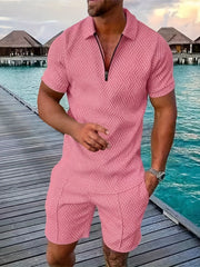 2Pcs Outfits For Men, Casual Short Sleeve Lapel Shirt And Drawstring Shorts Set For Summer, Men's Clothing For Vacation Workout