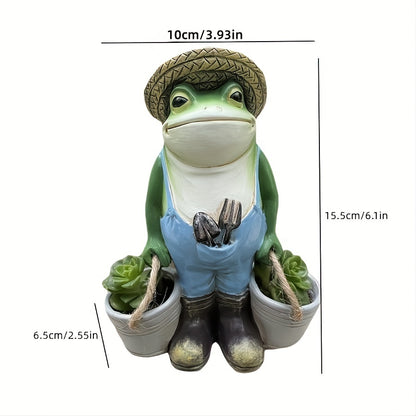 Whimsical Resin Frog Figurine in Blue Overalls with Straw Hat - Contemporary Garden Decor for Independence Day, Desktop-Style Animal Sculpture, No Power Needed, Frog Garden Decor