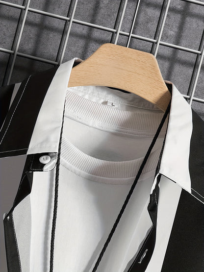 Mens Summer Short Sleeve Striped Shirting Shirt - Square Neck, Button Front, Regular Fit, Non-Stretch Polyester Fabric, Hand Wash or Dry Clean, Perfect for Weekend Casual Street Style