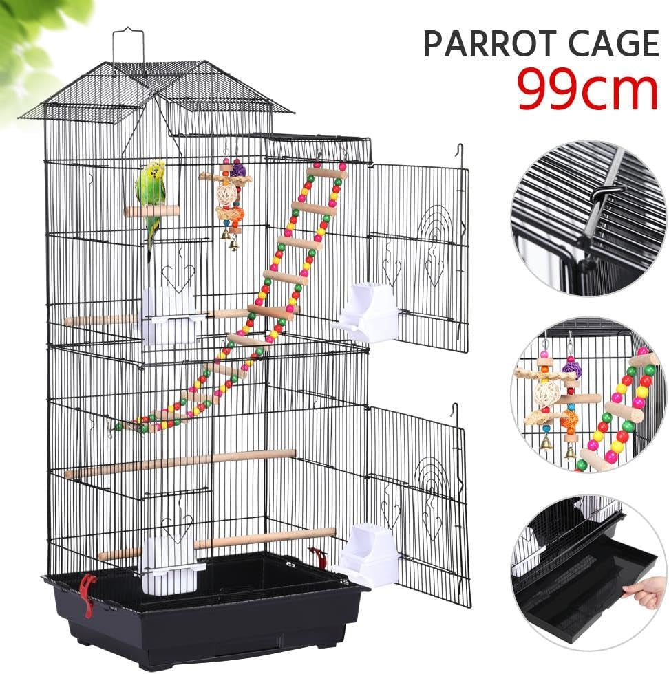 39-Inch Roof Top Large Flight Parrot Bird Cage for Small Quaker Parrot Cockatiel Sun Parakeet Green Cheek Conure Budgie Finch Lovebird Canary Pet Bird Cage W/Toys
