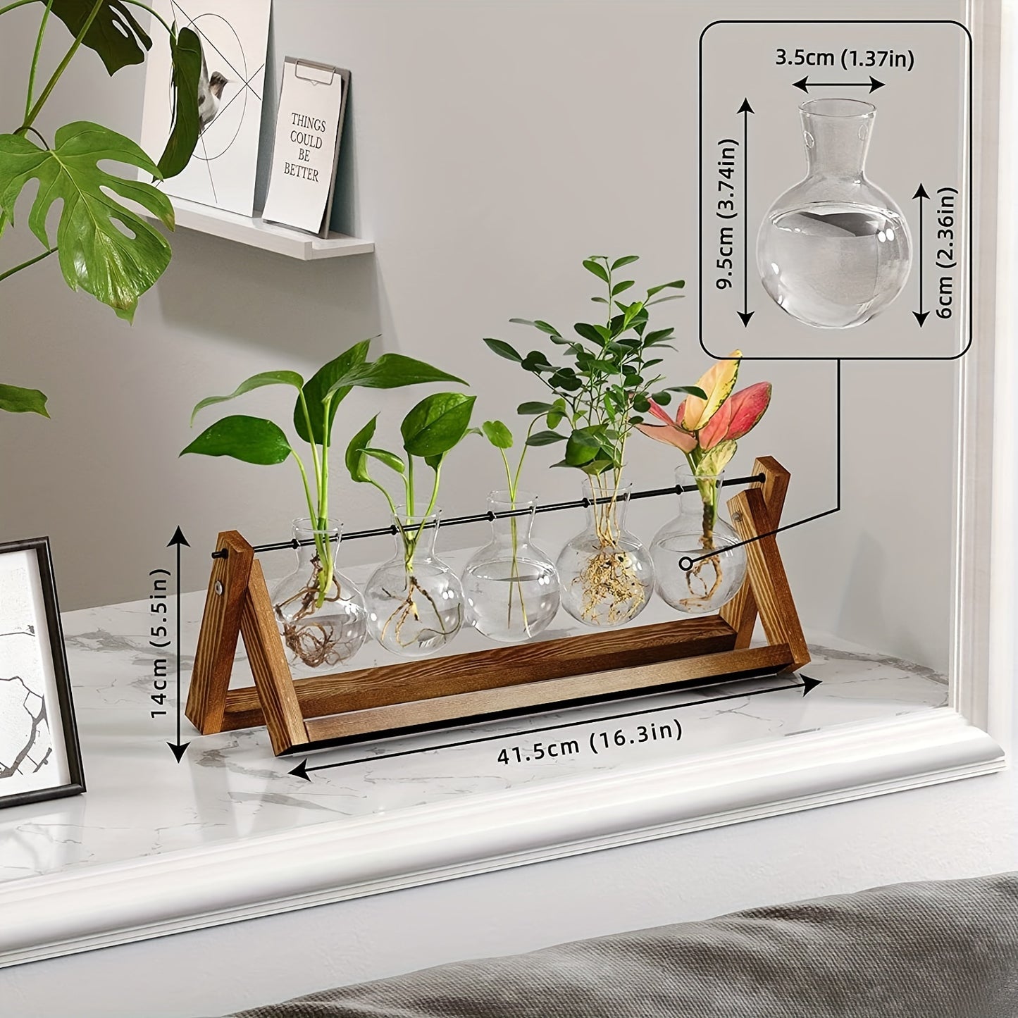 1pc, 5 Bulb Vase Plant Glass Container, With Wooden Frame, Indoor Living Hydroponic Plant Office Garden Planter