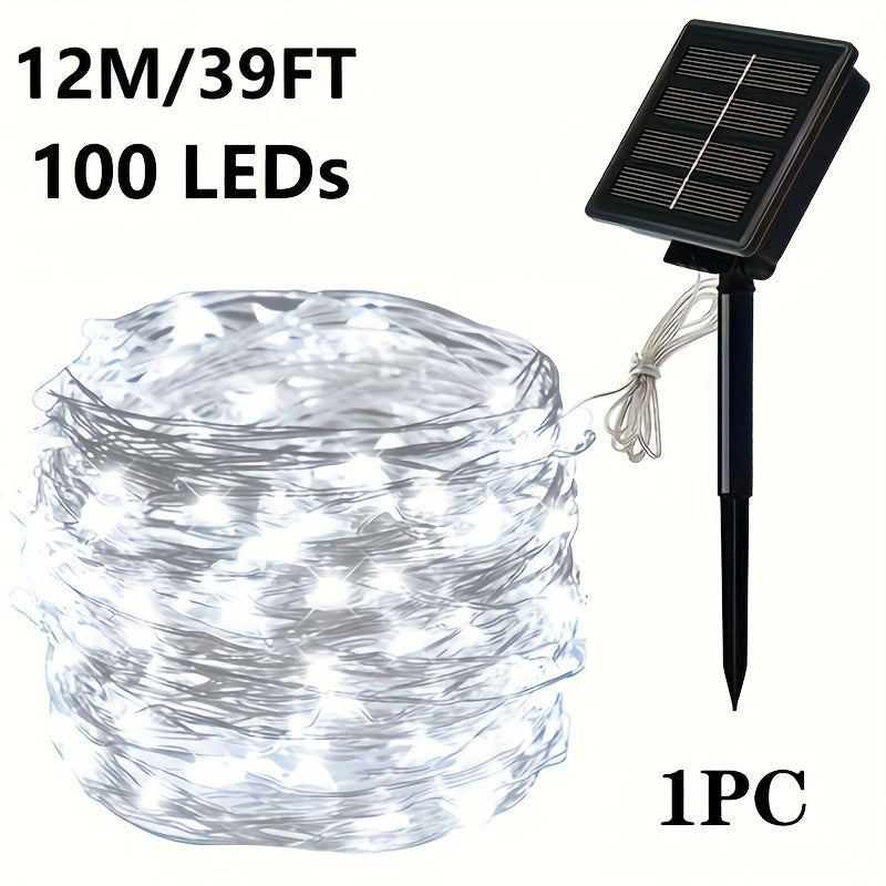 8-Mode Solar Powered Copper Wire Fairy Flower Wreath Lamp - Outdoor Garden Decorative Lighting for Christmas Wedding Party Tree Terraces - Durable Weather-Resistant Construction with Energy-Efficient LEDs