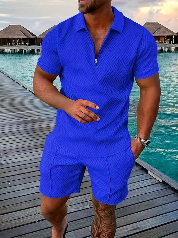 2Pcs Outfits For Men, Casual Short Sleeve Lapel Shirt And Drawstring Shorts Set For Summer, Men's Clothing For Vacation Workout