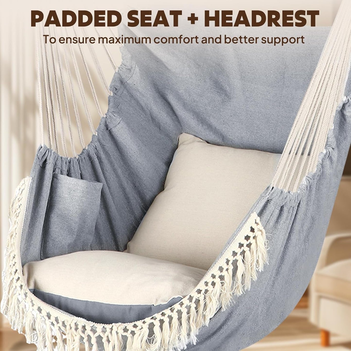 Hammock Chair Hanging Swing Max 500 Lbs 2 Cushions Included Metal Spreader Bar with Anti-Slip Grooves Portable Hanging Chair Side Pocket Large Macrame Bohemian Chair Indoor Outdoor