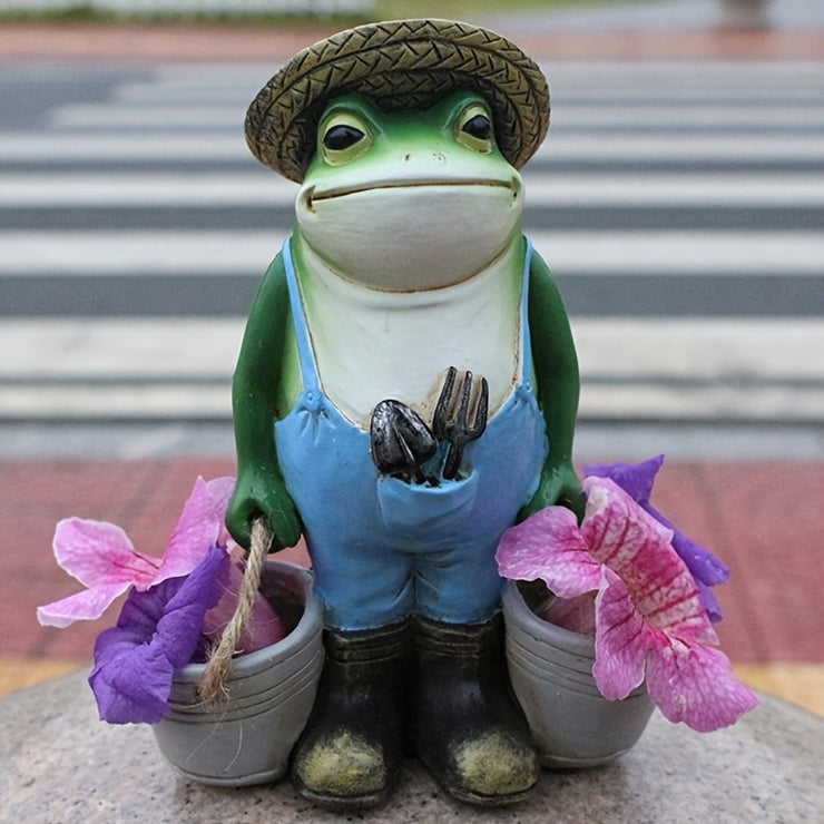 Whimsical Resin Frog Figurine in Blue Overalls with Straw Hat - Contemporary Garden Decor for Independence Day, Desktop-Style Animal Sculpture, No Power Needed, Frog Garden Decor