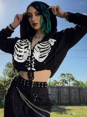 Gothic Drawstring Crop Hoodie, Long Sleeve Hoodies Sweatshirt, Women's Clothing