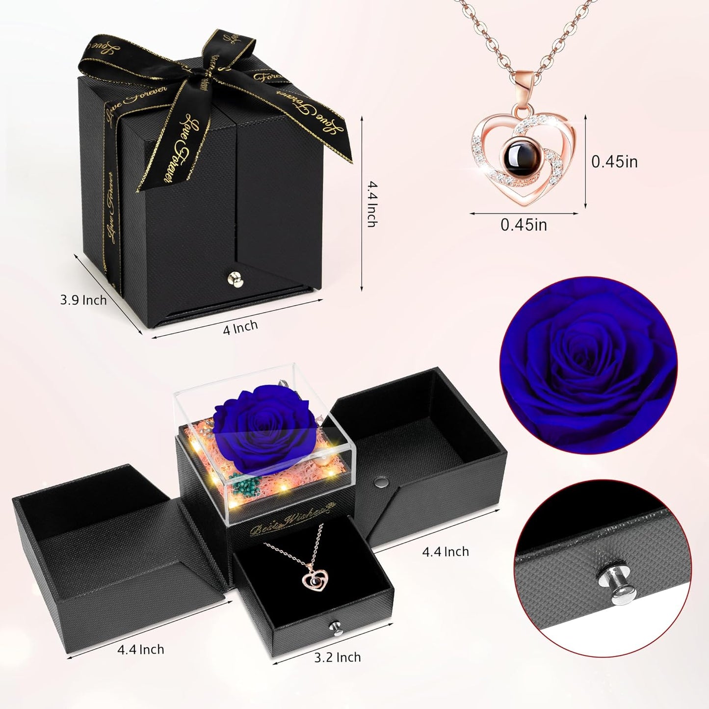 Light up Preserved Blue Rose Flower with Necklace,Birthday Gifts for Women,Christmas Rose Gifts for Her Mom Wife Grandma,Real Flower Mom Present for Women Christmas,Anniversary,Valentines