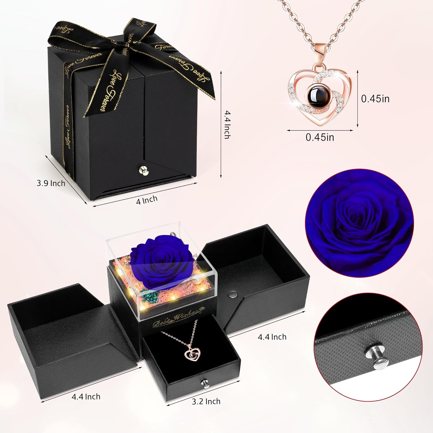 Light up Preserved Blue Rose Flower with Necklace,Birthday Gifts for Women,Christmas Rose Gifts for Her Mom Wife Grandma,Real Flower Mom Present for Women Christmas,Anniversary,Valentines