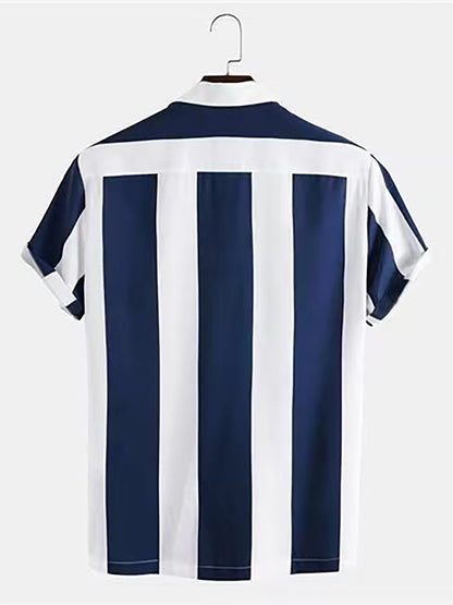 Mens Summer Short Sleeve Striped Shirting Shirt - Square Neck, Button Front, Regular Fit, Non-Stretch Polyester Fabric, Hand Wash or Dry Clean, Perfect for Weekend Casual Street Style