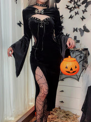 Women's Dresses Halloween Solid Drawstring Party Hooded Trumpet Sleeve Dresses