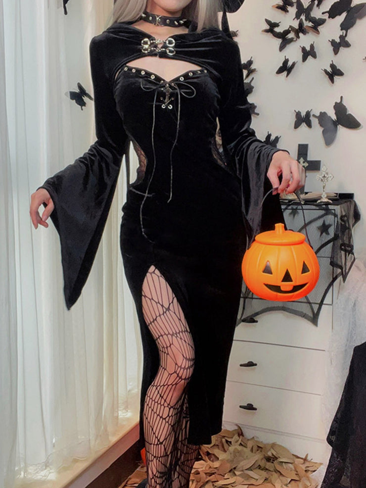 Women's Dresses Halloween Solid Drawstring Party Hooded Trumpet Sleeve Dresses