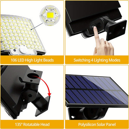 1pc Sunshine Outdoor 106LED Super Bright Motion Sensor Solar Power LED Garden Wall Light 4 Working Modes 5.5*4in