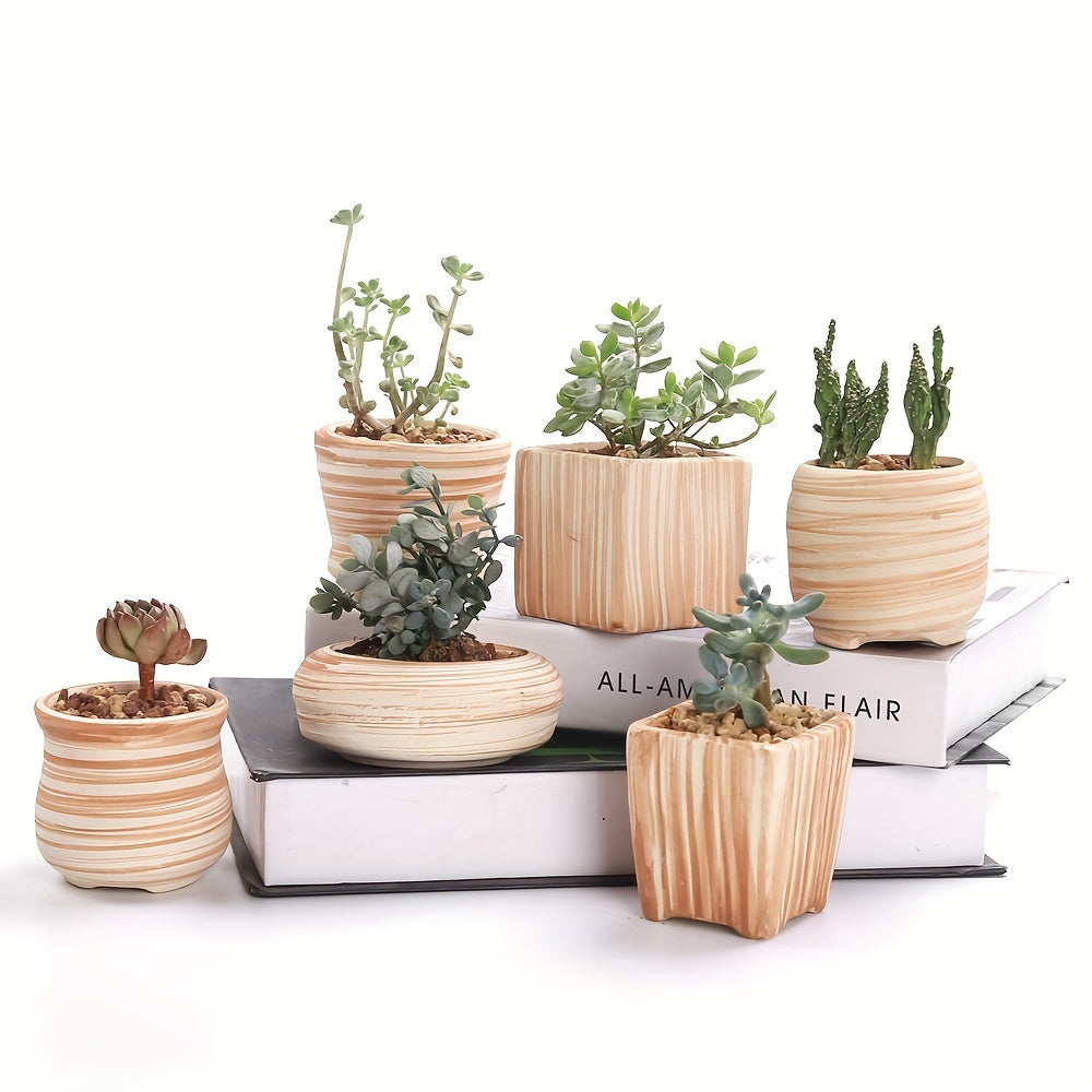 6pcs/set Decorative Ceramic Planter with Drain Hole - Perfect Gift Idea for Women - Mini Plant Pot for Succulents, Cactus, and Flowers - Wooden Pattern Design - Ideal for Home, Office, and Outdoor Garden - 6.5cm (Plants Not I