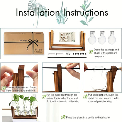 1pc, 5 Bulb Vase Plant Glass Container, With Wooden Frame, Indoor Living Hydroponic Plant Office Garden Planter