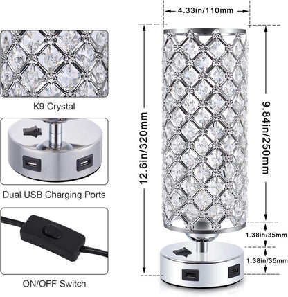 USB Crystal Table Lamps Bedside Lamps Set of 2, Modern Nightstand Lamps with Dual USB Charging Ports, Glam Bedroom Lamps Table Lamps for Bedroom, Living Room, Study Room and Office (Set of 2)