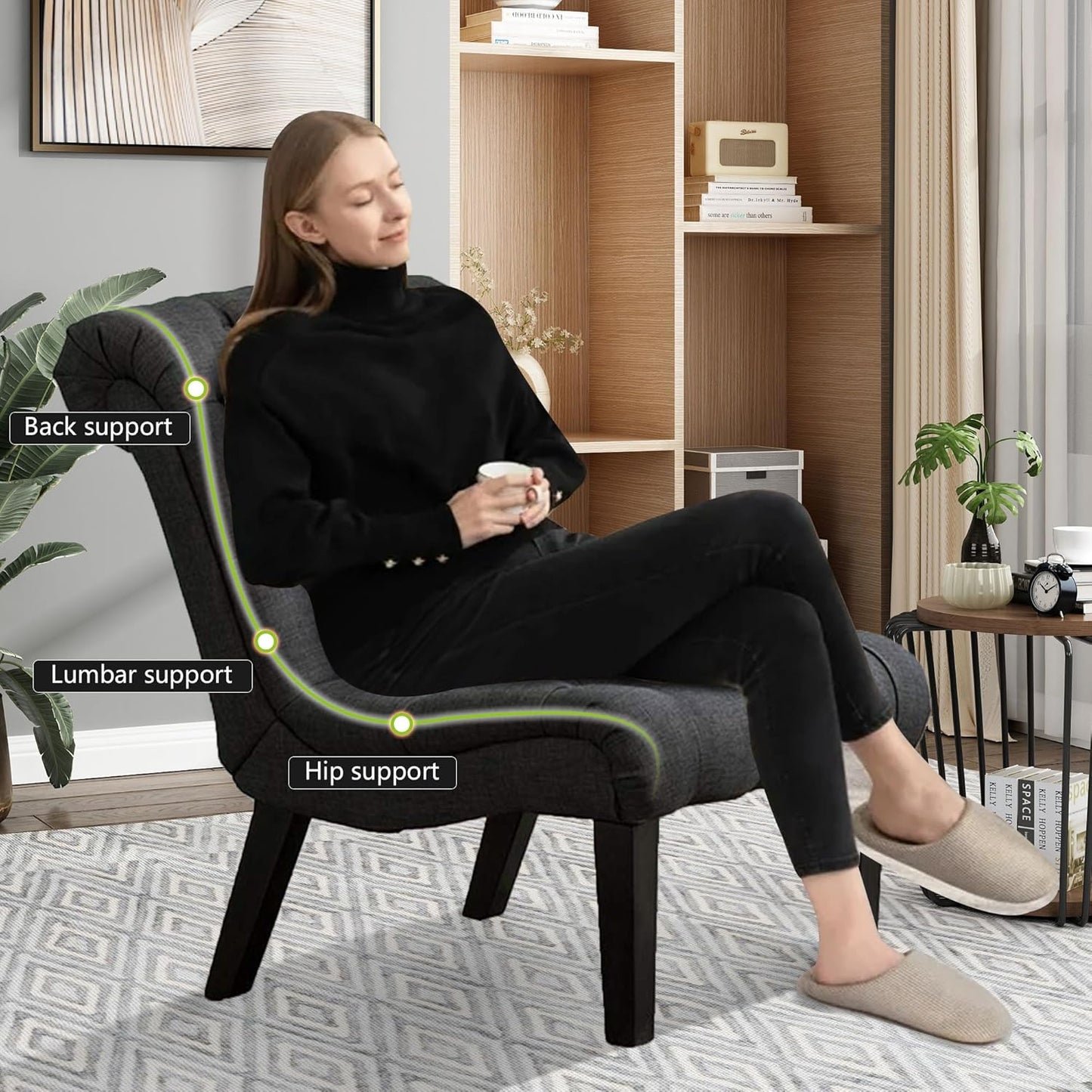 Living Room Chairs Set of 2 Modern Accent Chair, Upholstered Tufted Armless Bedroom Chairs Lounge Sofa Backrest Fabric Recliner Chair Wood Legs-Grey