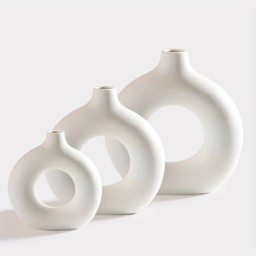 3pcs, Modern Boho Donut Ceramic Vase Set for Home and Office Decor - Round Tabletop Decoration for Living Room, Bedroom, and Garden - Stylish Desktop Ornament for a Chic Look